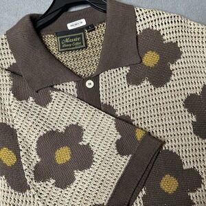 Massive Luxury Edition Sweater Mens Large Brown Tan Floral Knit Button Up Retro